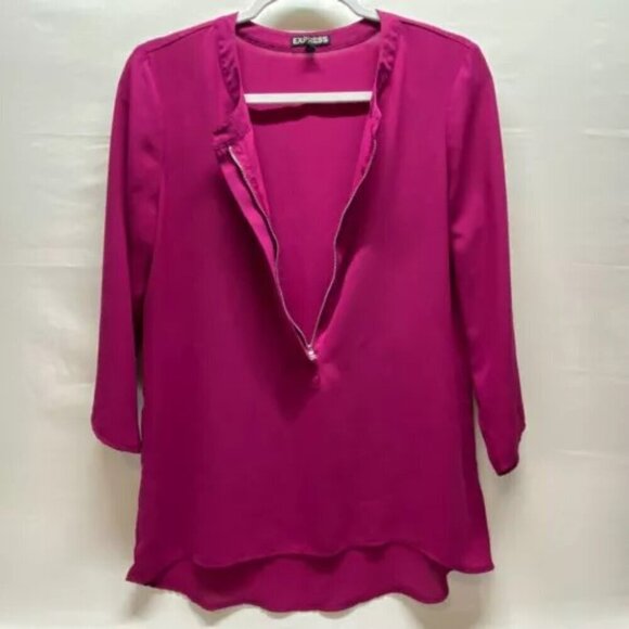 Express Half Zip Blouse Women's Medium Magenta Pink Loose Fit 3/4 Sleeve Tunic - Picture 4 of 10